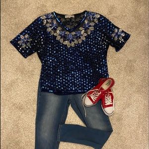 Vintage royal blue sequined top EUC